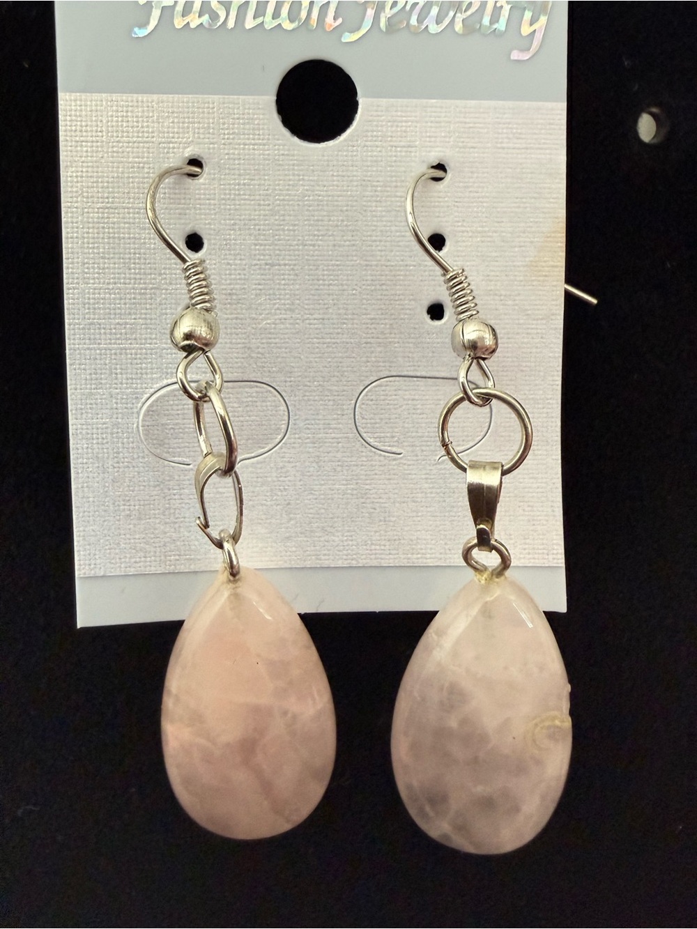 Fashion Jewelry Rose Quartz Teardrop Dangle Earrings - Light Pink and Silver